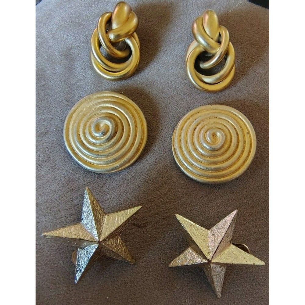 Set Of 3 Vintage Clip On Earrings Star Spiral Knot 80's-90's Gold Tone